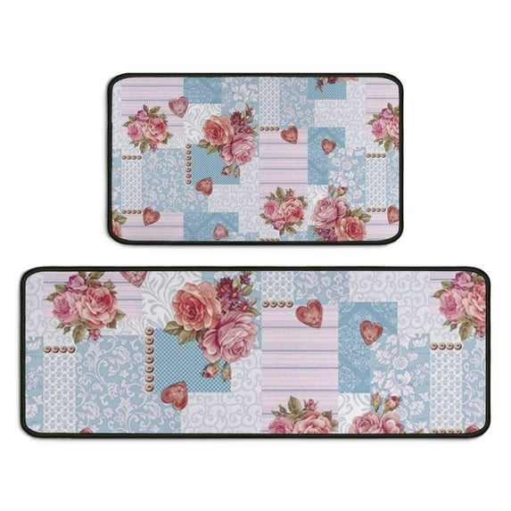 Pioneer Flower Floral Print Pattern Kitchen Rugs Sets Of 2,Anti Fatigue Kitchen Mat Rugs Non Slip Washable,Decorative Kitchen Floor Mats for Kitchen,Sink,Laundry,17"X30"+17"X47"