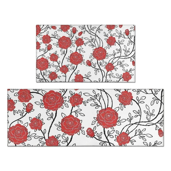 Pioneer Flower Floral Print Pattern Kitchen Rugs Sets Of 2,Anti Fatigue Kitchen Mat Rugs Non Slip Washable,Decorative Kitchen Floor Mats for Kitchen,Sink,Laundry,17"x30"+17"x47"