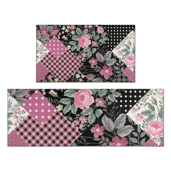 Pioneer Flower Floral Print Pattern Kitchen Rugs Sets Of 2,Anti Fatigue Kitchen Mat Rugs Non Slip Washable,Decorative Kitchen Floor Mats for Kitchen,Sink,Laundry,17"x30"+17"x47"