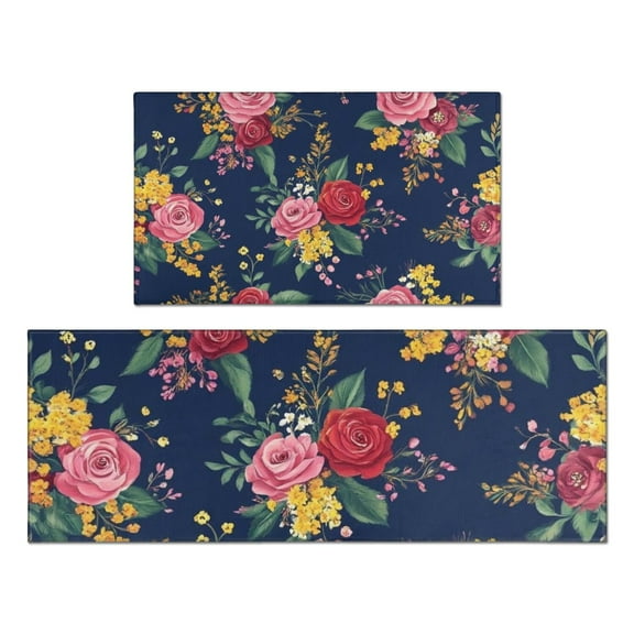 Pioneer Flower Floral Print Pattern Kitchen Rugs Sets Of 2,Anti Fatigue Kitchen Mat Rugs Non Slip Washable,Decorative Kitchen Floor Mats for Kitchen,Sink,Laundry,17"x30"+17"x47"