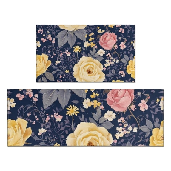 Pioneer Flower Floral Print Pattern Kitchen Rugs Sets Of 2,Anti Fatigue Kitchen Mat Rugs Non Slip Washable,Decorative Kitchen Floor Mats for Kitchen,Sink,Laundry,17"x30"+17"x47"
