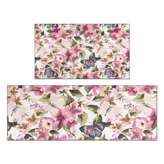 Pioneer Flower Floral Print Pattern Kitchen Rugs Sets Of 2,Anti Fatigue Kitchen Mat Rugs Non Slip Washable,Decorative Kitchen Floor Mats for Kitchen,Sink,Laundry,17"x30"+17"x47"