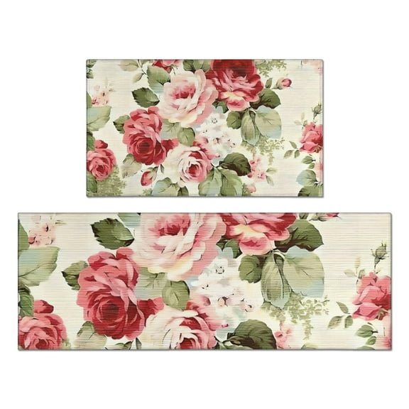 Pioneer Flower Floral Print Pattern Kitchen Rugs Sets Of 2,Anti Fatigue Kitchen Mat Rugs Non Slip Washable,Decorative Kitchen Floor Mats for Kitchen,Sink,Laundry,17"x30"+17"x47"