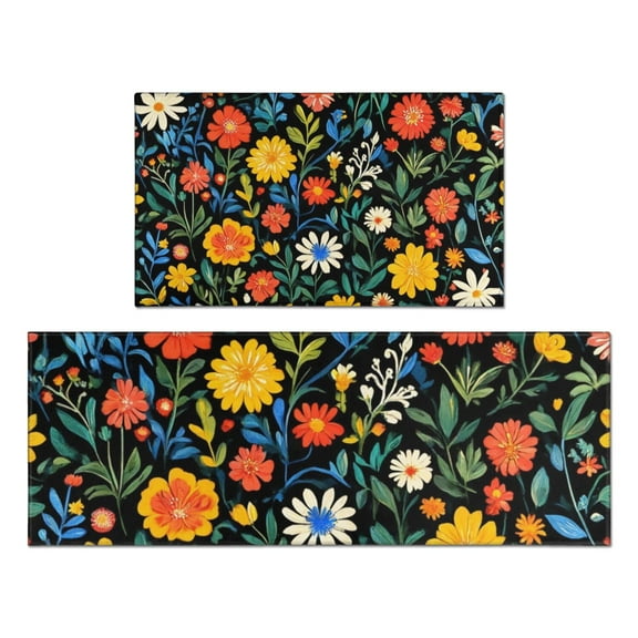 Pioneer Flower Floral Print Pattern Kitchen Rugs Sets Of 2,Anti Fatigue Kitchen Mat Rugs Non Slip Washable,Decorative Kitchen Floor Mats for Kitchen,Sink,Laundry,17"x30"+17"x47"