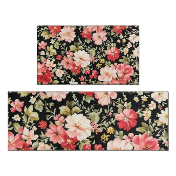 Pioneer Flower Floral Print Pattern Kitchen Rugs Sets Of 2,Anti Fatigue Kitchen Mat Rugs Non Slip Washable,Decorative Kitchen Floor Mats for Kitchen,Sink,Laundry,17"x30"+17"x47"