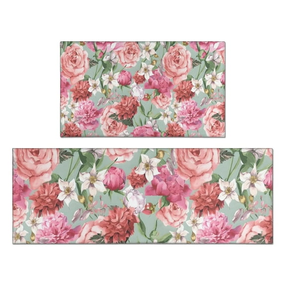 Pioneer Flower Floral Print Pattern Kitchen Rugs Sets Of 2,Anti Fatigue Kitchen Mat Rugs Non Slip Washable,Decorative Kitchen Floor Mats for Kitchen,Sink,Laundry,17"x30"+17"x47"