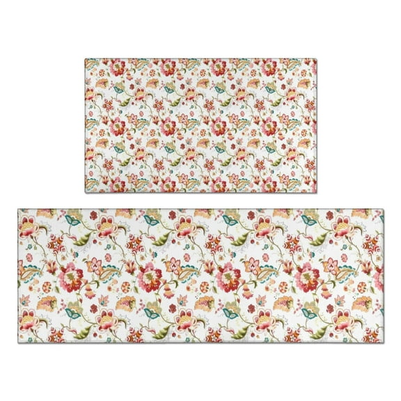 Pioneer Flower Floral Print Pattern Kitchen Rugs Sets Of 2,Anti Fatigue Kitchen Mat Rugs Non Slip Washable,Decorative Kitchen Floor Mats for Kitchen,Sink,Laundry,17"x30"+17"x47"