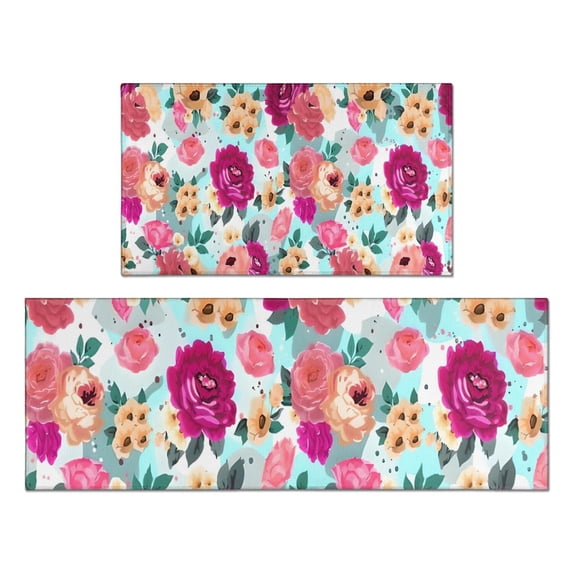 Pioneer Flower Floral Print Pattern Kitchen Rugs Sets Of 2,Anti Fatigue Kitchen Mat Rugs Non Slip Washable,Decorative Kitchen Floor Mats for Kitchen,Sink,Laundry,17"x30"+17"x47"