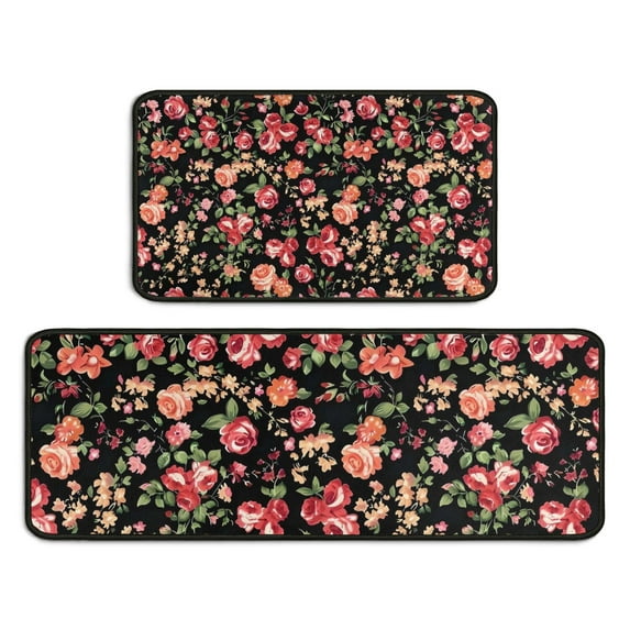 Pioneer Flower Floral Print Pattern Kitchen Rugs Sets Of 2,Anti Fatigue Kitchen Mat Rugs Non Slip Washable,Decorative Kitchen Floor Mats for Kitchen,Sink,Laundry,17"X30"+17"X47"