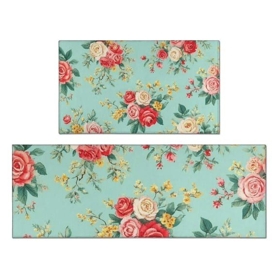 Pioneer Flower Floral Print Pattern Kitchen Rugs Sets Of 2,Anti Fatigue Kitchen Mat Rugs Non Slip Washable,Decorative Kitchen Floor Mats for Kitchen,Sink,Laundry,17"x30"+17"x47"