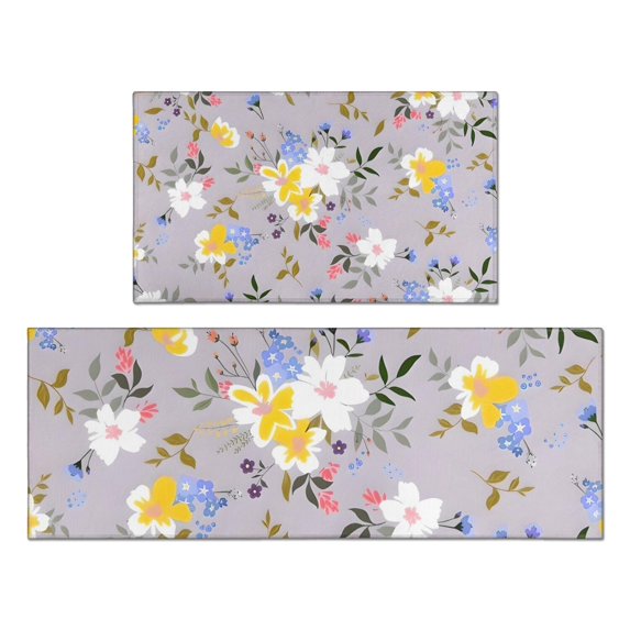 Pioneer Flower Floral Print Pattern Kitchen Rugs Sets Of 2,Anti Fatigue Kitchen Mat Rugs Non Slip Washable,Decorative Kitchen Floor Mats for Kitchen,Sink,Laundry,17"x30"+17"x47"