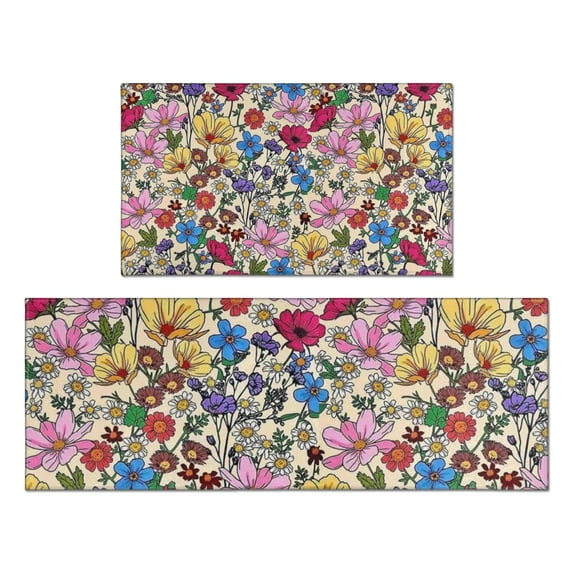 Pioneer Flower Floral Print Pattern Kitchen Rugs Sets Of 2,Anti Fatigue Kitchen Mat Rugs Non Slip Washable,Decorative Kitchen Floor Mats for Kitchen,Sink,Laundry,17"x30"+17"x47"