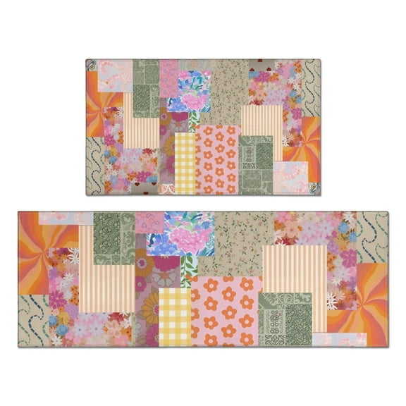 Pioneer Flower Floral Print Pattern Kitchen Rugs Sets Of 2,Anti Fatigue Kitchen Mat Rugs Non Slip Washable,Decorative Kitchen Floor Mats for Kitchen,Sink,Laundry,17"x30"+17"x47"