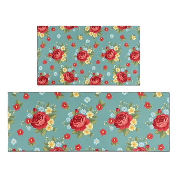 Pioneer Flower Floral Print Pattern Kitchen Rugs Sets Of 2, Anti Fatigue Non Slip Washable Floor Mats for Kitchen Sink Laundry, 17X30 Inch + 17X47 Inch