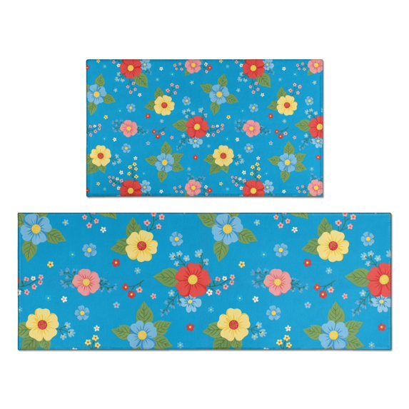 Pioneer Flower Floral Print Pattern Kitchen Rugs Sets Of 2, Anti Fatigue Non Slip Washable Floor Mats for Kitchen Sink Laundry, 17X30 Inch + 17X47 Inch