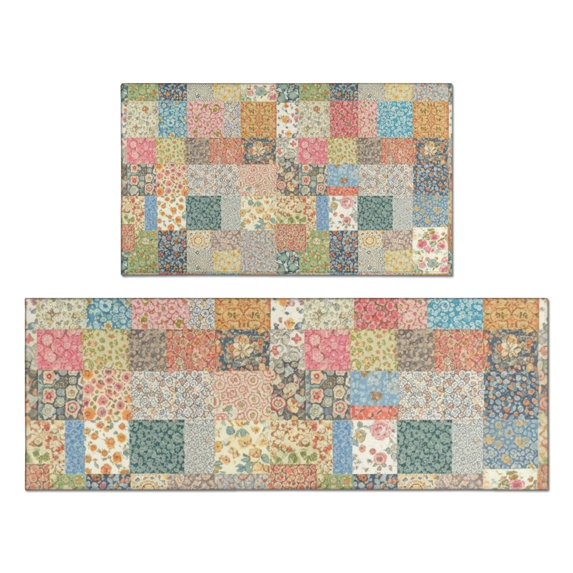 Pioneer Flower Floral Print Pattern Kitchen Rugs Sets Of 2, Anti Fatigue Non Slip Washable Floor Mats for Kitchen Sink Laundry, 17X30 Inch + 17X47 Inch