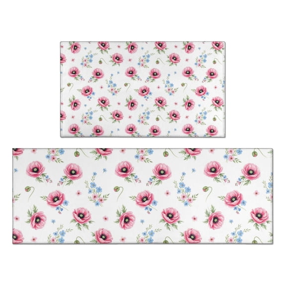 Pioneer Flower Floral Print Pattern Kitchen Rugs Sets Of 2, Anti Fatigue Non Slip Washable Floor Mats for Kitchen Sink Laundry, 17X30 Inch + 17X47 Inch