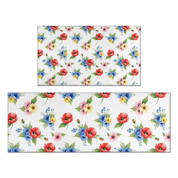 Pioneer Flower Floral Print Pattern Kitchen Rugs Sets Of 2, Anti Fatigue Non Slip Washable Floor Mats for Kitchen Sink Laundry, 17X30 Inch + 17X47 Inch
