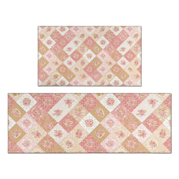 Pioneer Flower Floral Print Pattern Kitchen Rugs Sets Of 2, Anti Fatigue Non Slip Washable Floor Mats for Kitchen Sink Laundry, 17X30 Inch + 17X47 Inch