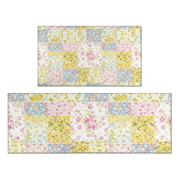 Pioneer Flower Floral Print Pattern Kitchen Rugs Sets Of 2, Anti Fatigue Non Slip Washable Floor Mats for Kitchen Sink Laundry, 17X30 Inch + 17X47 Inch
