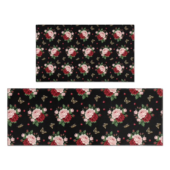 Pioneer Flower Floral Print Pattern Kitchen Rugs Sets Of 2, Anti Fatigue Non Slip Washable Floor Mats for Kitchen Sink Laundry, 17X30 Inch + 17X47 Inch