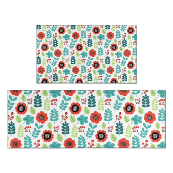 Pioneer Flower Floral Print Pattern Kitchen Rugs Sets Of 2, Anti Fatigue Non Slip Washable Floor Mats for Kitchen Sink Laundry, 17X30 Inch + 17X47 Inch