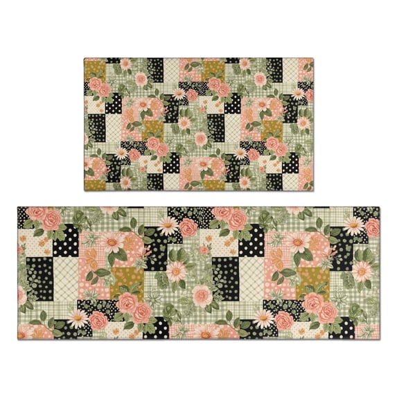 Pioneer Flower Floral Print Pattern Kitchen Rugs Sets Of 2, Anti Fatigue Non Slip Washable Floor Mats for Kitchen Sink Laundry, 17X30 Inch + 17X47 Inch