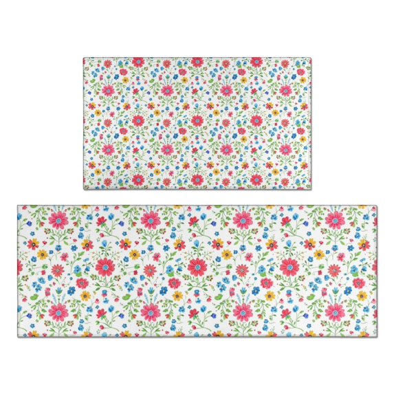 Pioneer Flower Floral Print Pattern Kitchen Rugs Sets Of 2, Anti Fatigue Non Slip Washable Floor Mats for Kitchen Sink Laundry, 17X30 Inch + 17X47 Inch
