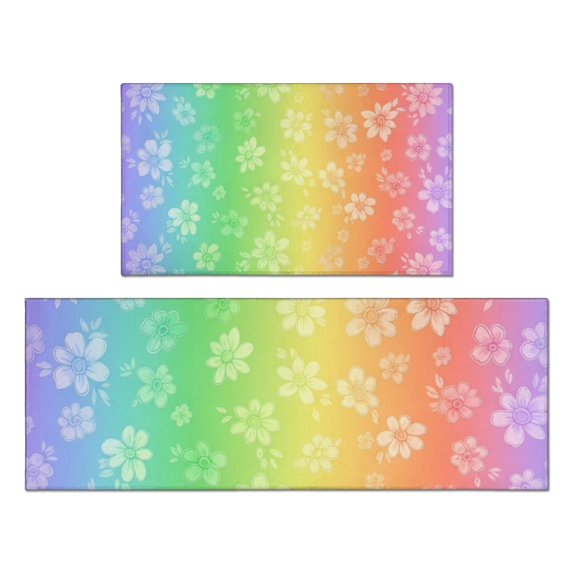 Pioneer Flower Floral Print Pattern Kitchen Rugs Sets Of 2, Anti Fatigue Non Slip Washable Floor Mats for Kitchen Sink Laundry, 17X30 Inch + 17X47 Inch