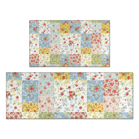 Pioneer Flower Floral Print Pattern Kitchen Rugs Sets Of 2, Anti Fatigue Non Slip Washable Floor Mats for Kitchen Sink Laundry, 17X30 Inch + 17X47 Inch