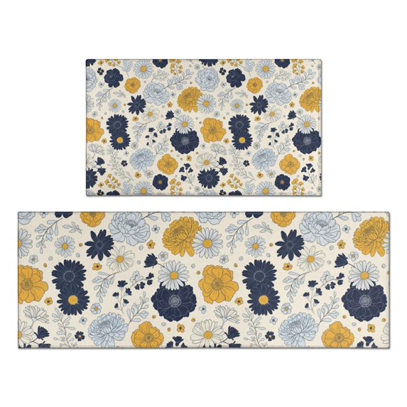 Pioneer Flower Floral Print Pattern Kitchen Rugs Sets Of 2, Anti Fatigue Non Slip Washable Floor Mats for Kitchen Sink Laundry, 17X30 Inch + 17X47 Inch