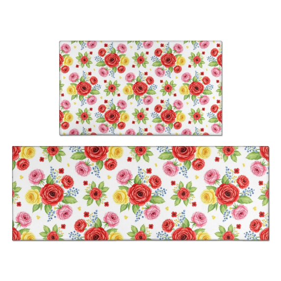 Pioneer Flower Floral Print Pattern Kitchen Rugs Sets Of 2, Anti Fatigue Non Slip Washable Floor Mats for Kitchen Sink Laundry, 17X30 Inch + 17X47 Inch