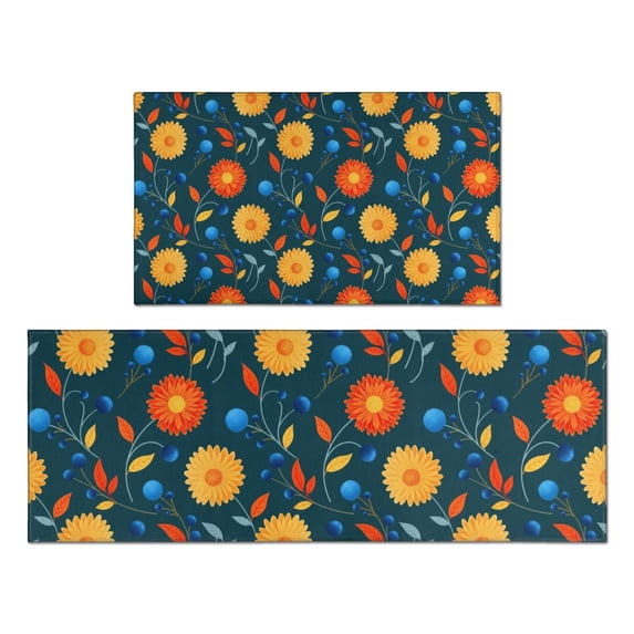 Pioneer Flower Floral Print Pattern Kitchen Rugs Sets Of 2, Anti Fatigue Non Slip Washable Floor Mats for Kitchen Sink Laundry, 17X30 Inch + 17X47 Inch