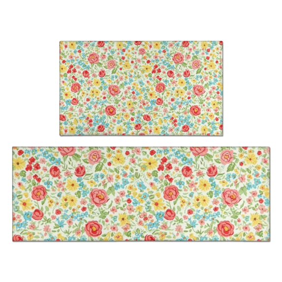 Pioneer Flower Floral Print Pattern Kitchen Rugs Sets Of 2, Anti Fatigue Non Slip Washable Floor Mats for Kitchen Sink Laundry, 17X30 Inch + 17X47 Inch