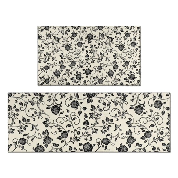 Pioneer Flower Floral Print Pattern Kitchen Rugs Sets Of 2, Anti Fatigue Non Slip Washable Floor Mats for Kitchen Sink Laundry, 17X30 Inch + 17X47 Inch