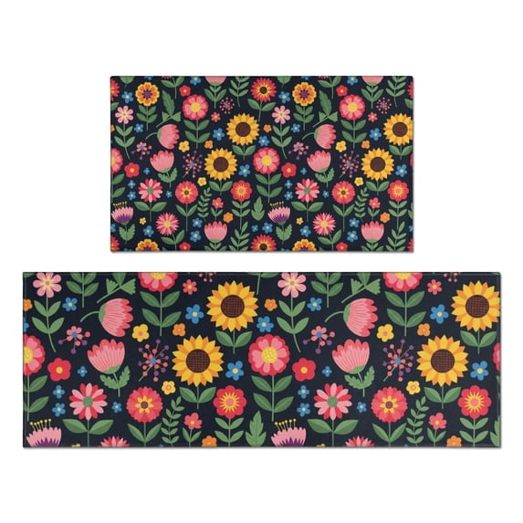 Pioneer Flower Floral Print Pattern Kitchen Rugs Sets Of 2, Anti Fatigue Non Slip Washable Floor Mats for Kitchen Sink Laundry, 17X30 Inch + 17X47 Inch