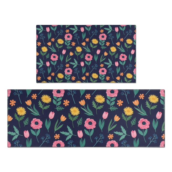 Pioneer Flower Floral Print Pattern Kitchen Rugs Sets Of 2, Anti Fatigue Non Slip Washable Floor Mats for Kitchen Sink Laundry, 17X30 Inch + 17X47 Inch