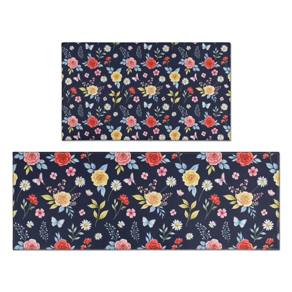 Pioneer Flower Floral Print Pattern Kitchen Rugs Sets Of 2, Anti Fatigue Non Slip Washable Floor Mats for Kitchen Sink Laundry, 17X30 Inch + 17X47 Inch