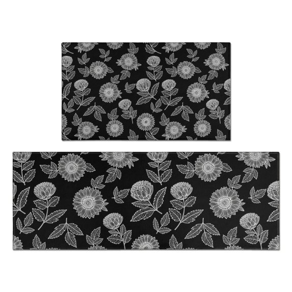Pioneer Flower Floral Print Pattern Kitchen Rugs Sets Of 2, Anti Fatigue Non Slip Washable Floor Mats for Kitchen Sink Laundry, 17X30 Inch + 17X47 Inch
