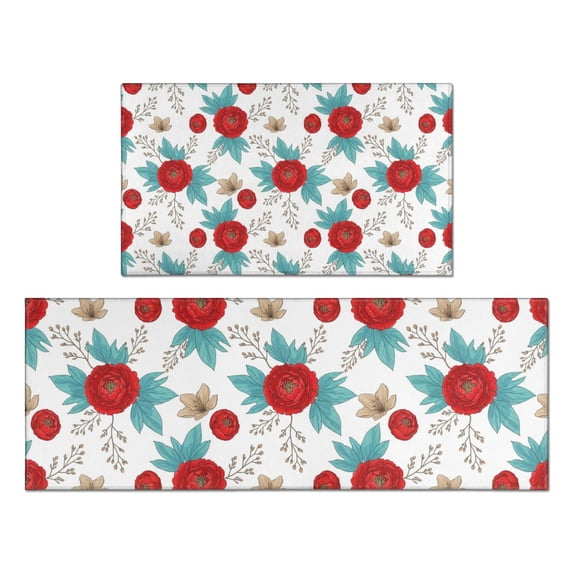 Pioneer Flower Floral Print Pattern Kitchen Rugs Sets Of 2, Anti Fatigue Non Slip Washable Floor Mats for Kitchen Sink Laundry, 17X30 Inch + 17X47 Inch