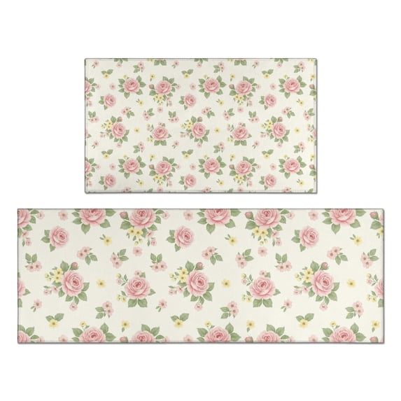 Pioneer Flower Floral Print Pattern Kitchen Rugs Sets Of 2, Anti Fatigue Non Slip Washable Floor Mats for Kitchen Sink Laundry, 17X30 Inch + 17X47 Inch