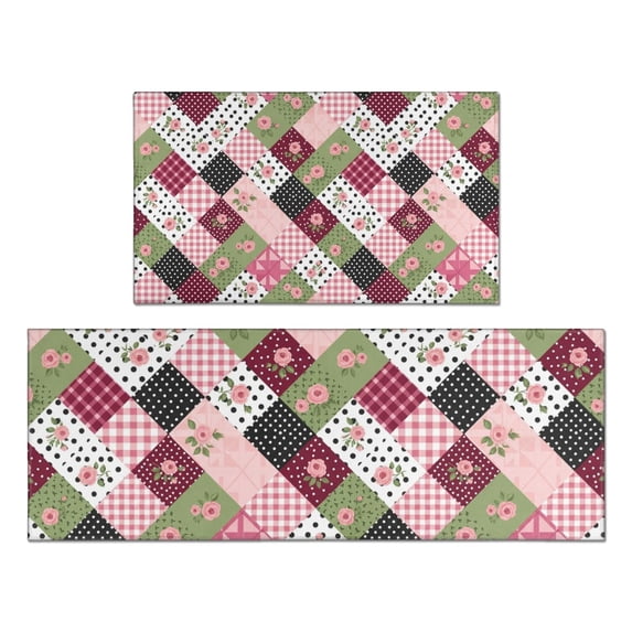 Pioneer Flower Floral Print Pattern Kitchen Rugs Sets Of 2, Anti Fatigue Non Slip Washable Floor Mats for Kitchen Sink Laundry, 17X30 Inch + 17X47 Inch