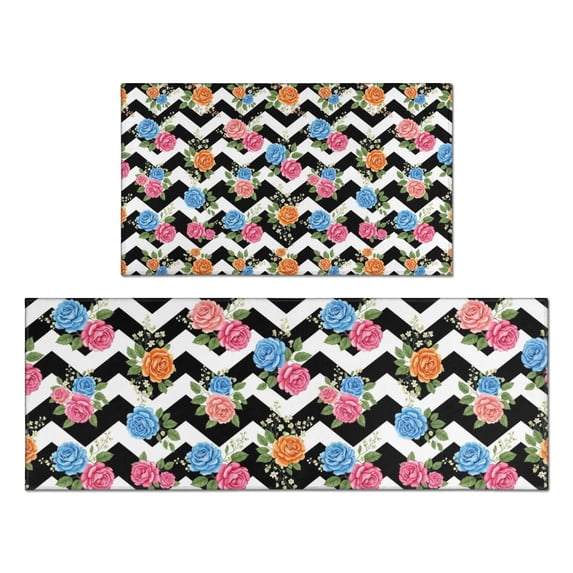 Pioneer Flower Floral Print Pattern Kitchen Rugs Sets Of 2, Anti Fatigue Non Slip Washable Floor Mats for Kitchen Sink Laundry, 17X30 Inch + 17X47 Inch