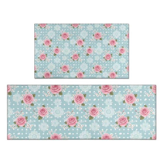 Pioneer Flower Floral Print Pattern Kitchen Rugs Sets Of 2, Anti Fatigue Non Slip Washable Floor Mats for Kitchen Sink Laundry, 17X30 Inch + 17X47 Inch