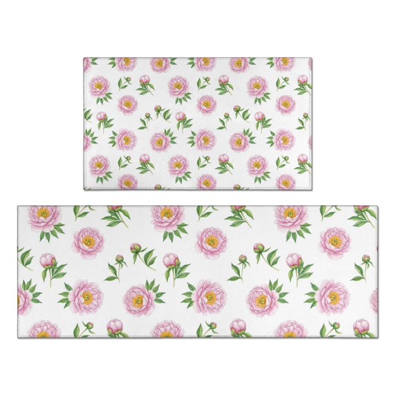 Pioneer Flower Floral Print Pattern Kitchen Rugs Sets Of 2, Anti Fatigue Non Slip Washable Floor Mats for Kitchen Sink Laundry, 17X30 Inch + 17X47 Inch