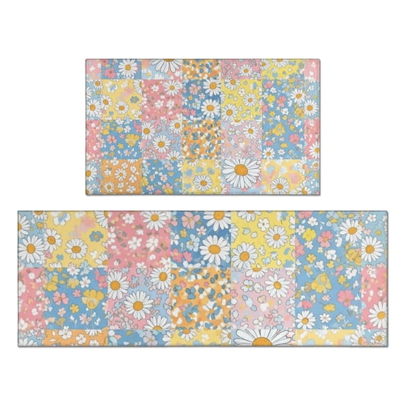 Pioneer Flower Floral Print Pattern Kitchen Rugs Sets Of 2, Anti Fatigue Non Slip Washable Floor Mats for Kitchen Sink Laundry, 17X30 Inch + 17X47 Inch