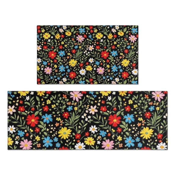 Pioneer Flower Floral Print Pattern Kitchen Rugs Sets Of 2, Anti Fatigue Non Slip Washable Floor Mats for Kitchen Sink Laundry, 17X30 Inch + 17X47 Inch