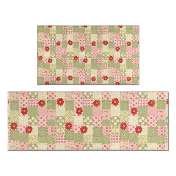 Pioneer Flower Floral Print Pattern Kitchen Rugs Sets Of 2, Anti Fatigue Non Slip Washable Floor Mats for Kitchen Sink Laundry, 17X30 Inch + 17X47 Inch