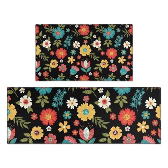 Pioneer Flower Floral Print Pattern Kitchen Rugs Sets Of 2, Anti Fatigue Non Slip Washable Floor Mats for Kitchen Sink Laundry, 17X30 Inch + 17X47 Inch