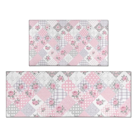 Pioneer Flower Floral Print Pattern Kitchen Rugs Sets Of 2, Anti Fatigue Non Slip Washable Floor Mats for Kitchen Sink Laundry, 17X30 Inch + 17X47 Inch